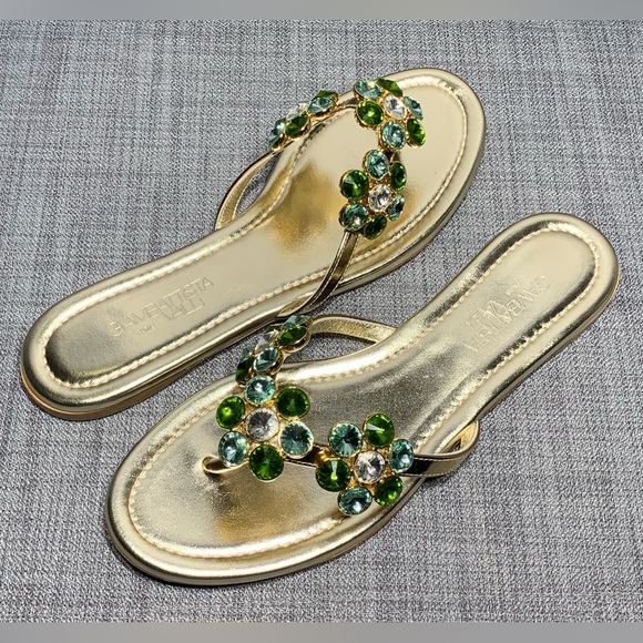 Giambattista Valli Flat Embellished Gold Leather Thong Sandals EU 38.5 / US 8.5 - Picture 3 of 8